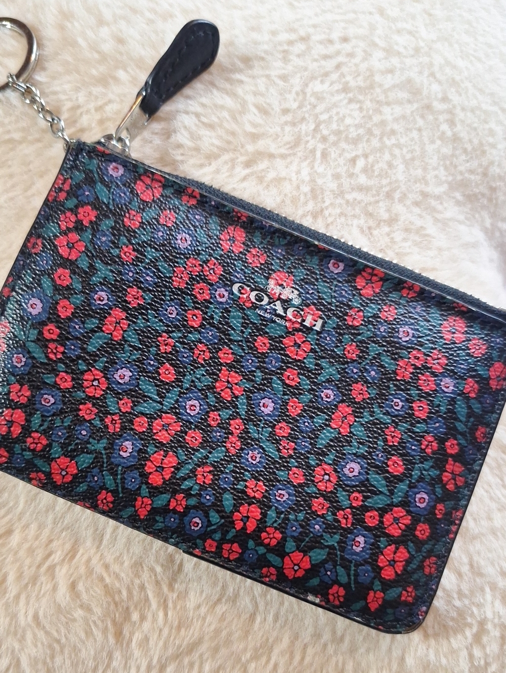Coach "Posies" Black Floral Zip Wristlet with Red & Purple Blooms